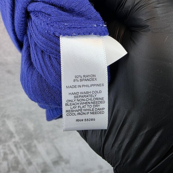 Express Shirt Womens Large Blue Ribbed Short Sleeve Puff Shoulder Stretch Rayon - Picture 8 of 11